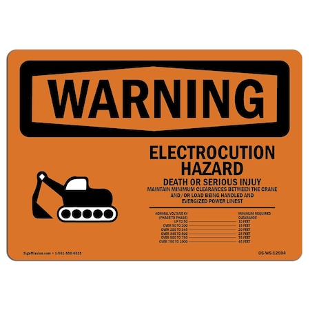 Signmission OSHA Warning Sign, 18" H, 24" W, Aluminum, Electrocution Hazard Crane, Landscape, 1824-L-12594 OS-WS-A-1824-L-12594